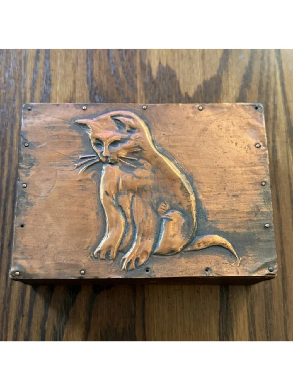 Vintage  Wood Trinket Box Embossed Copper Plate with Domestic Cat 5.5x4x2”